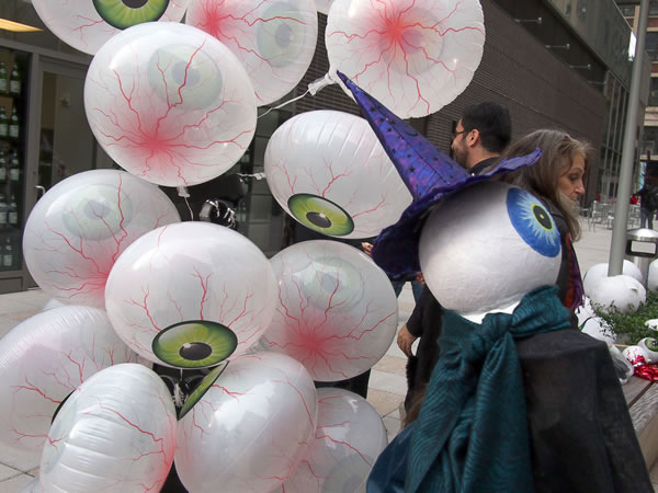 “I of the Beholder” was the theme of the 2011 Greenwich Village Halloween Parade, inspired by French surrealist painter Odilon Redon’s “Eye Balloon” —— hence the eyeball balloons. The 2012 parade was canceled in the wake of Superstorm Sandy.
